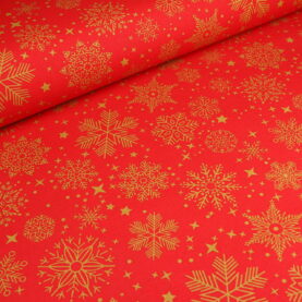 Ткань скатертная с тефлоновой пропиткой Снежинки волшебные на красном