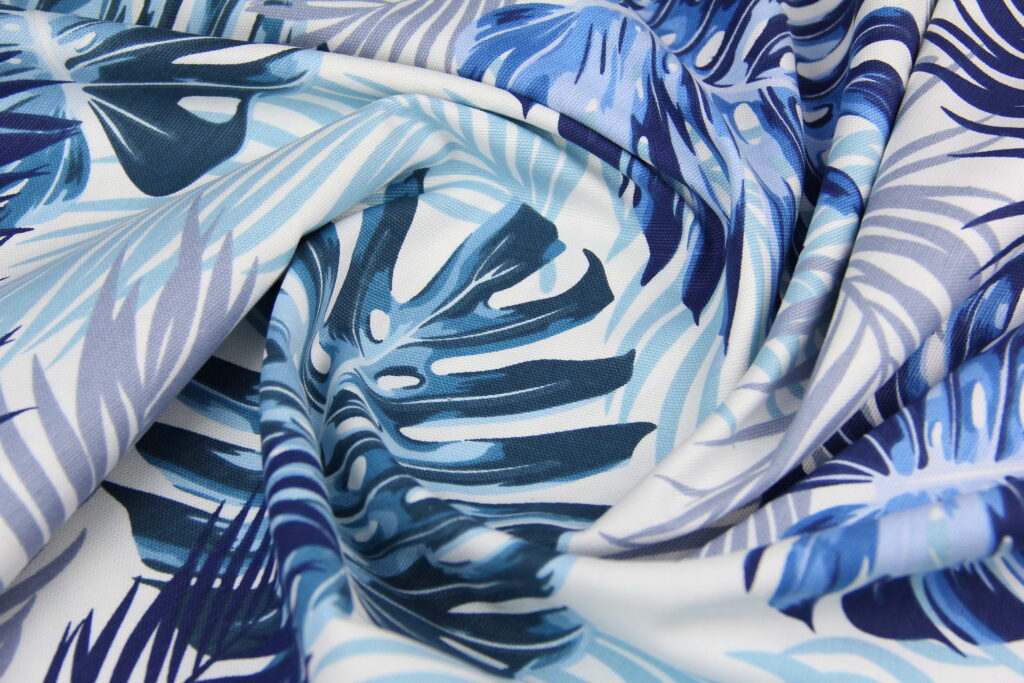 Ткань скатертная с тефлоновой пропиткой Монстера Серо-синий