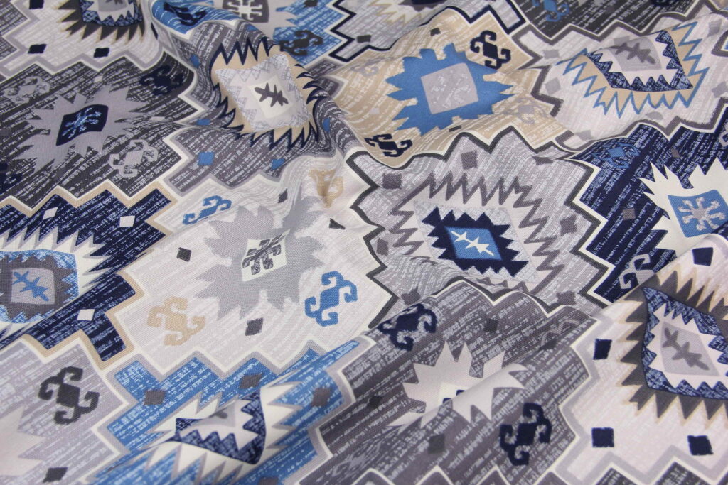 Ткань скатертная с тефлоновой пропиткой Этнический узор Серо-синий