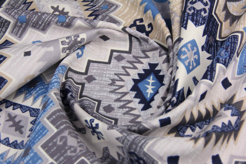 Ткань скатертная с тефлоновой пропиткой Этнический узор Серо-синий