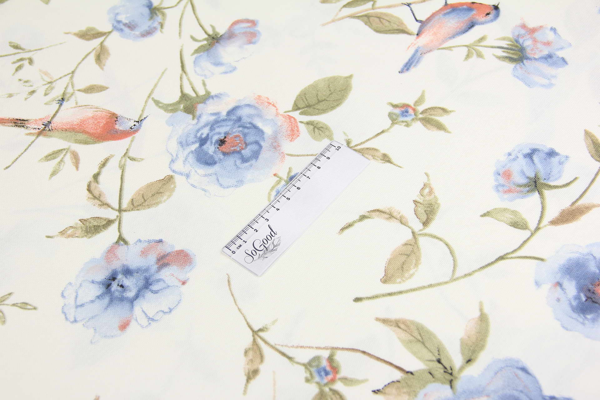 Ткань скатертная с тефлоновой пропиткой Птичка и цветок Голубой