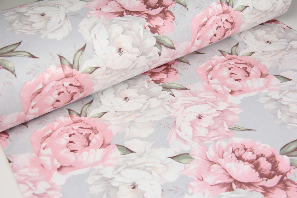 Ткань Ранфорс Пионы розовые на сером, Турция, ширина 240 см, плотность 135 г/м2