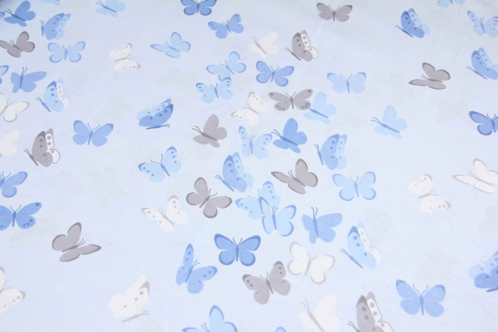 Ткань Ранфорс Бабочки Голубые и серые на голубом, Турция, ширина 240 см, плотность 135 г/м2