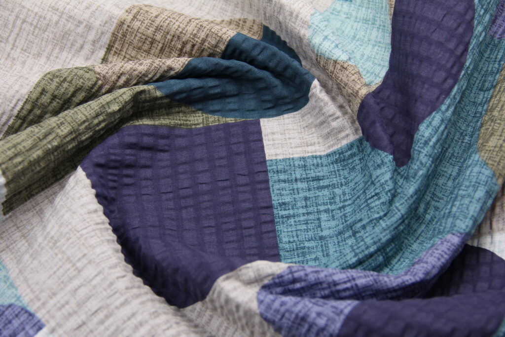 Ткань Ранфорс жатка (гофре) Пикассо Синий и бежевый, Турция, ширина 240 см, 100% хлопок