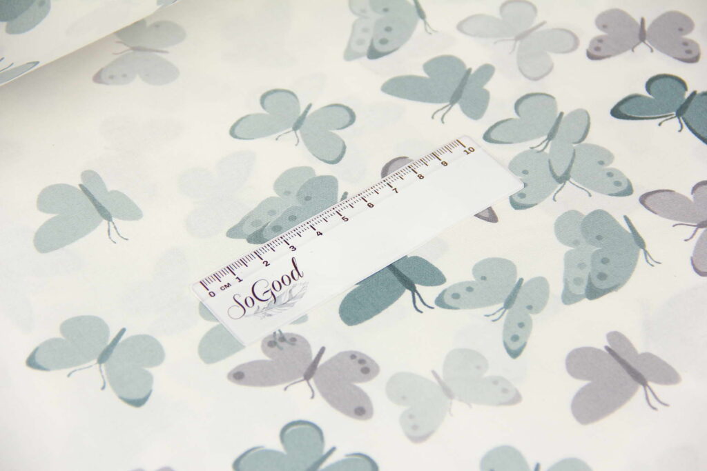 Ткань Ранфорс Бабочки Серо-зеленые на белом, Турция, ширина 240 см, плотность 135 г/м2