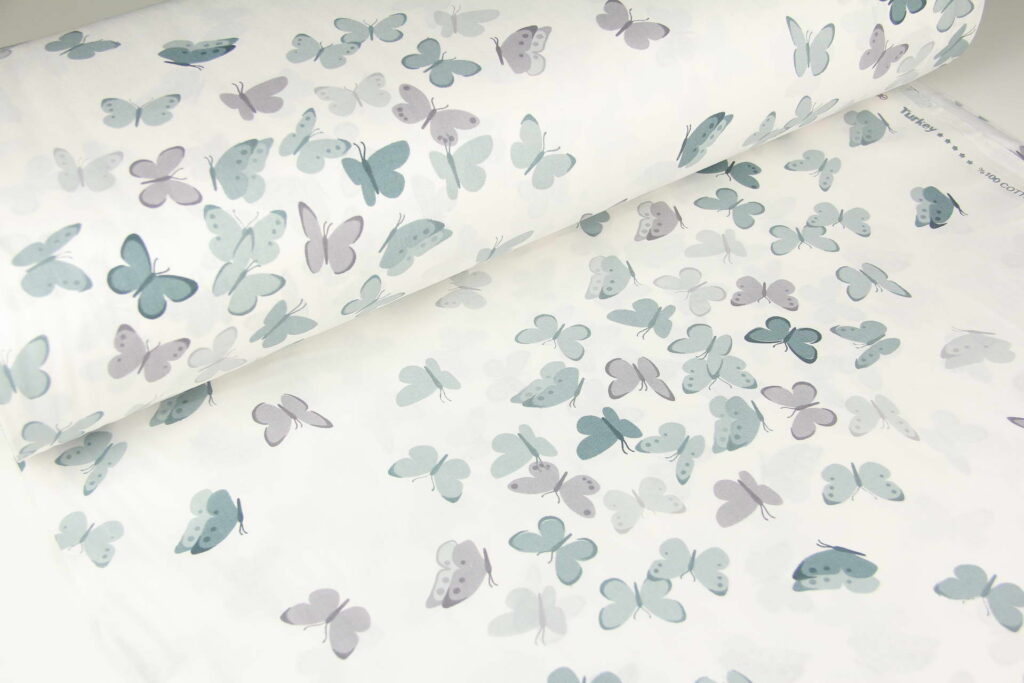 Ткань Ранфорс Бабочки Серо-зеленые на белом, Турция, ширина 240 см, плотность 135 г/м2