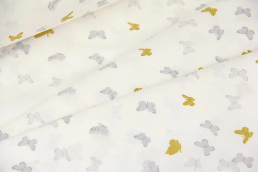 Ткань Ранфорс с глиттером Бабочки маленькие Серые и золотые, Турция, ширина 240 см