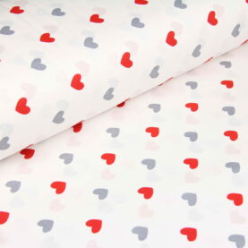 Ткань Ранфорс Сердечки красные и серые на белом, Турция, ширина 240 см, плотность 135 г/м2