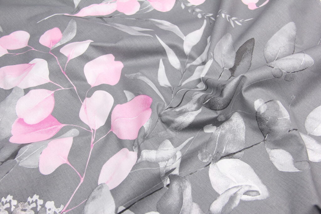 Ткань Ранфорс Крупный эвкалипт Розовый на сером, Турция, ширина 240 см, 100% хлопок