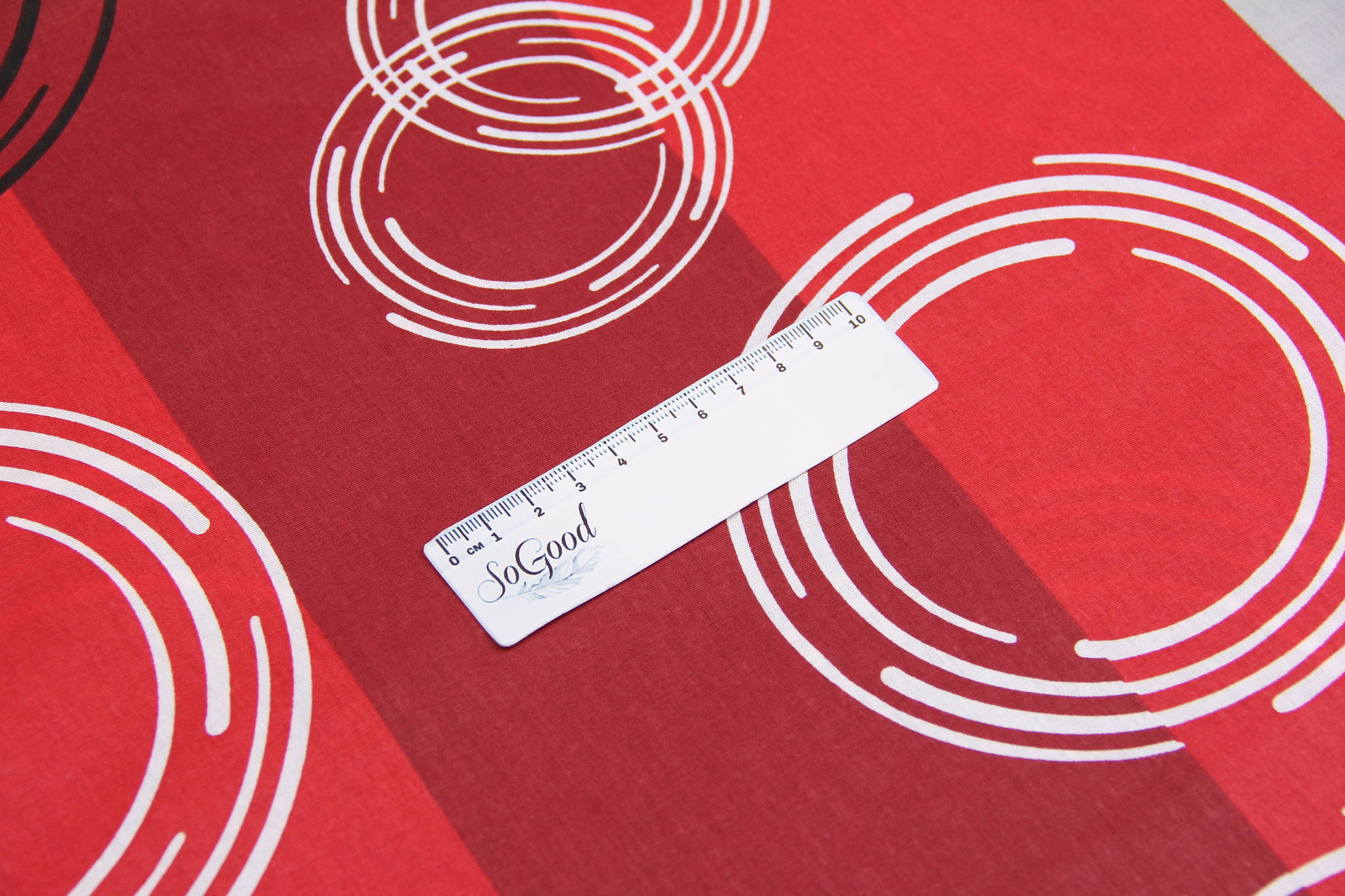 Ткань Ранфорс Круги на полосках Красный и серый, Турция, ширина 240 см, 100% хлопок