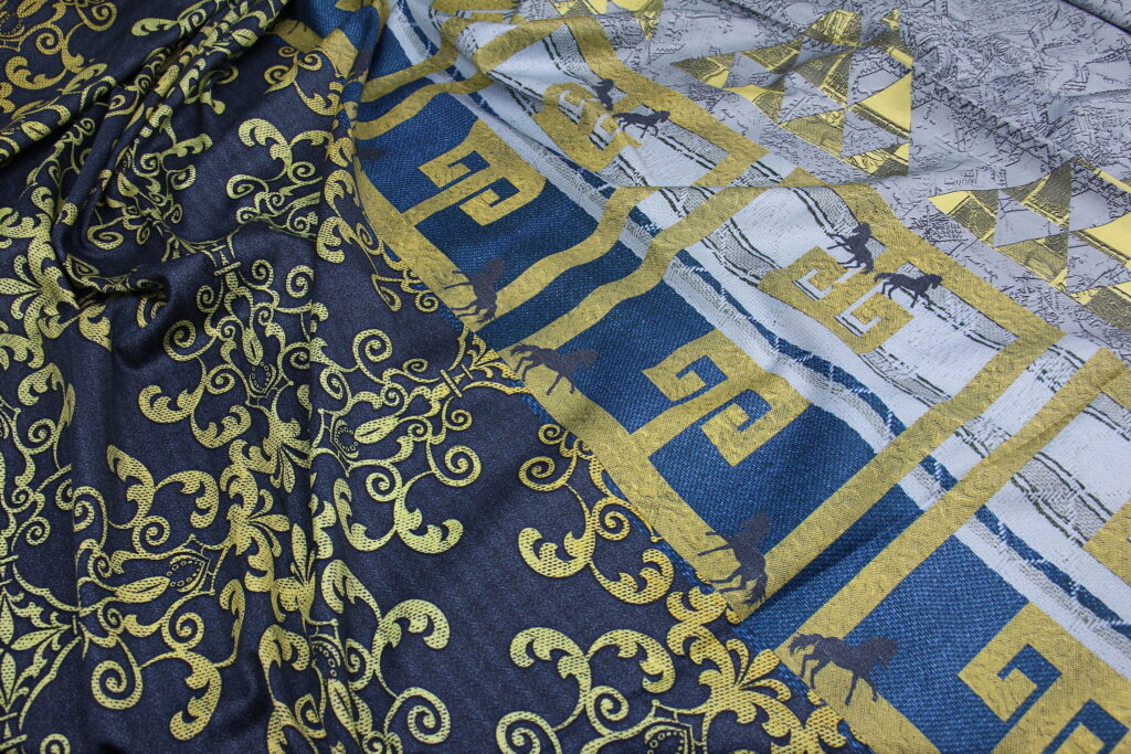 Ткань Сатин набивной Дерби Желтый и синий, Турция, ширина 240 см