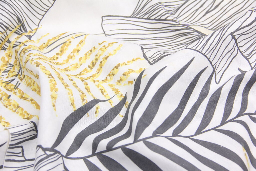 Ткань Бязь Литья пальмы Серый и желтый, Турция, ширина 220 см, плотность 125 г/м2