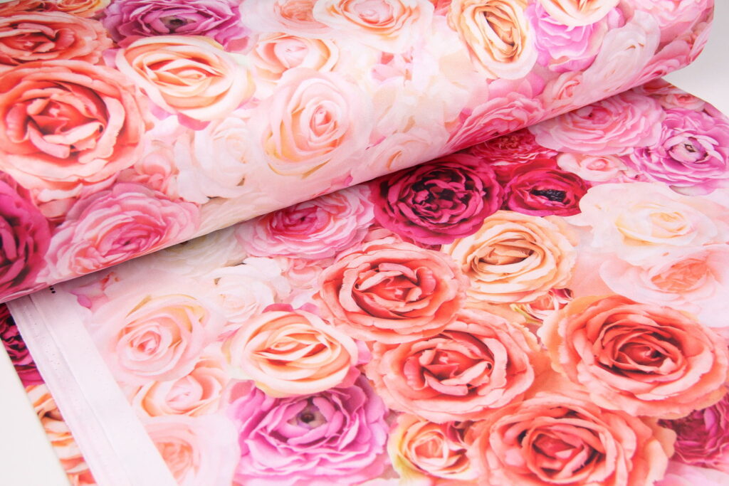Ткань Сатин набивной Цветочное одеяло Персик и фуксия, Турция, ширина 240 см, плотность 130 г/м2