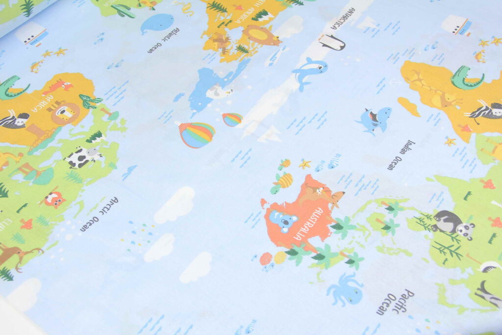 Ткань Ранфорс Карта детская на голубом, Турция, ширина 240 см, плотность 135 г/м2