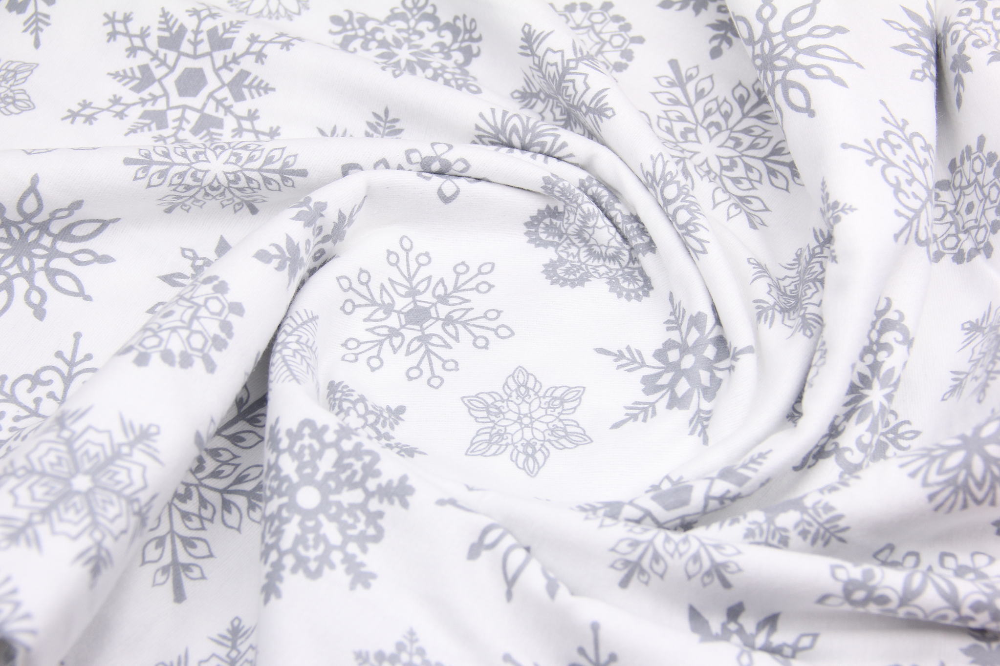 Ткань Фланель Снежинки Серые на белом, Турция, ширина 240 см, плотность 160 г/м3