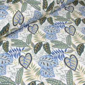 Ткань скатертная с тефлоновой пропиткой Тропические листья Синие на белом