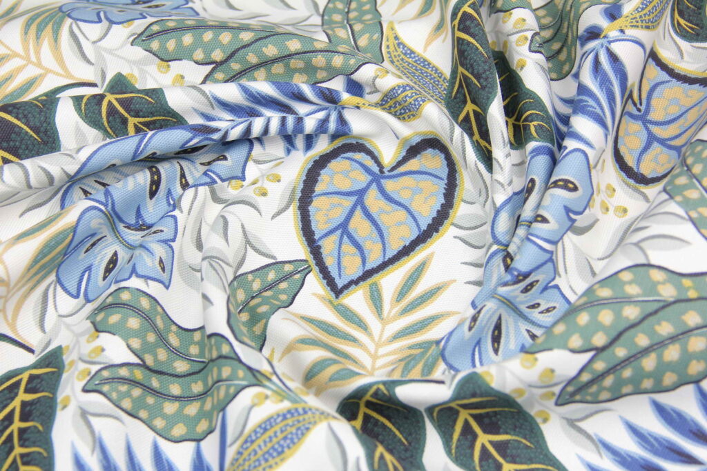 Ткань скатертная с тефлоновой пропиткой Тропические листья Синие на белом