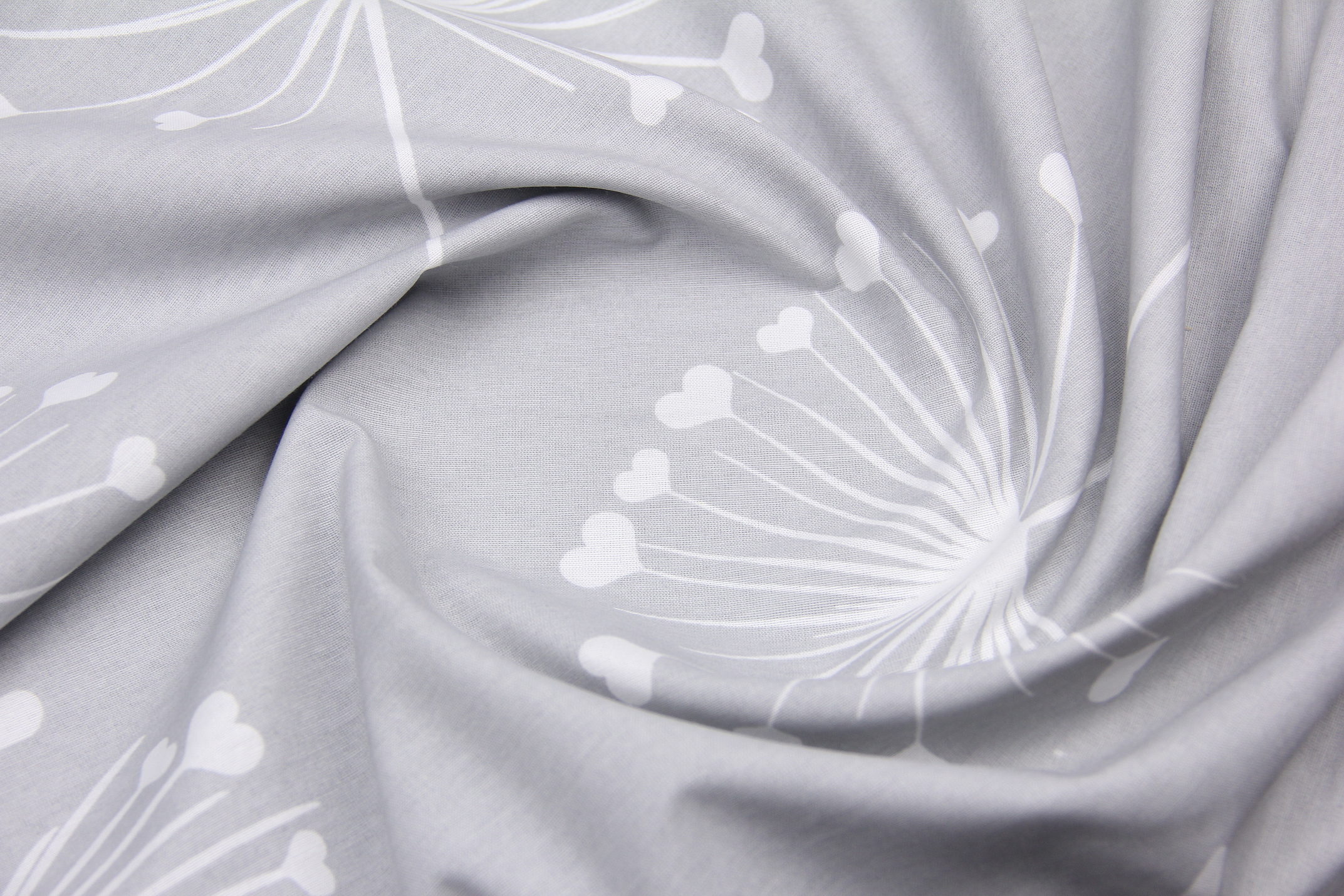 Ткань Ранфорс Влюбленный одуванчик Белый на сером, Турция, ширина 240 см, 70% хлопок 30% ПЭ