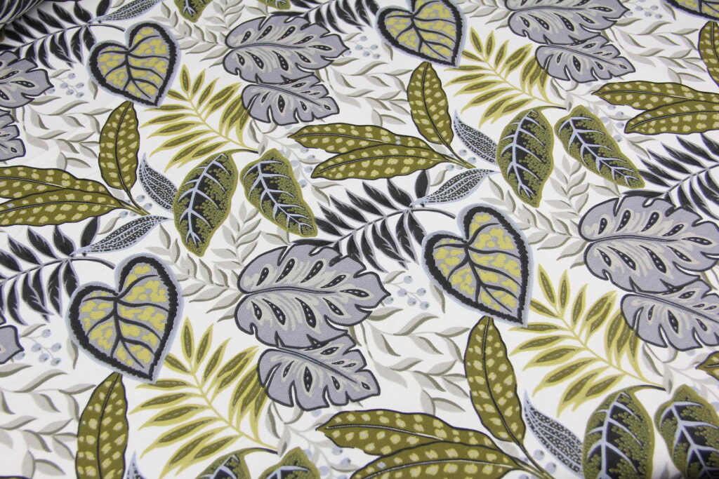 Ткань скатертная с тефлоновой пропиткой Тропические листья Серые на белом