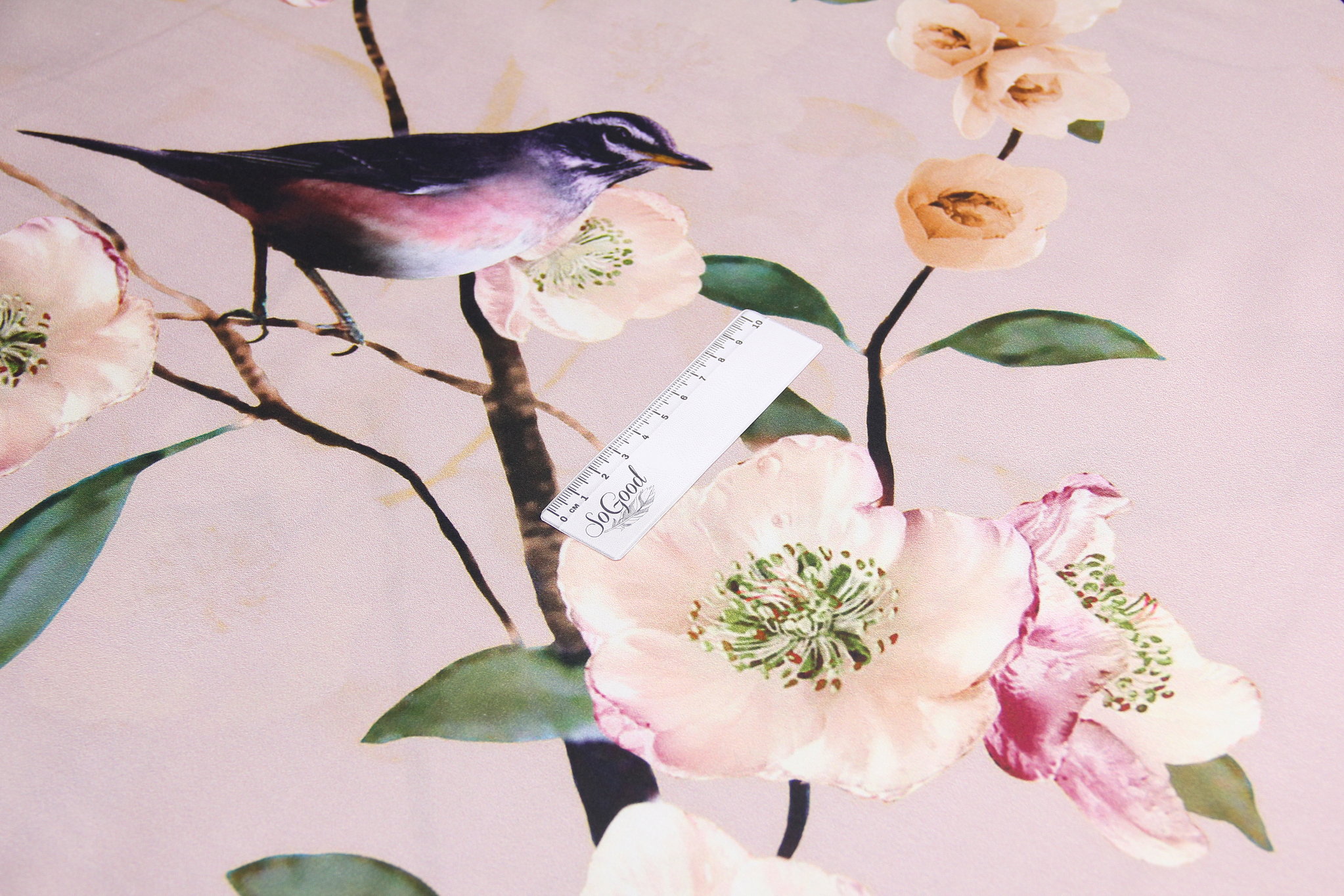 Купон! Ткань Сатин набивной Райские птицы на пудровом, купон 200х240 см, Турция