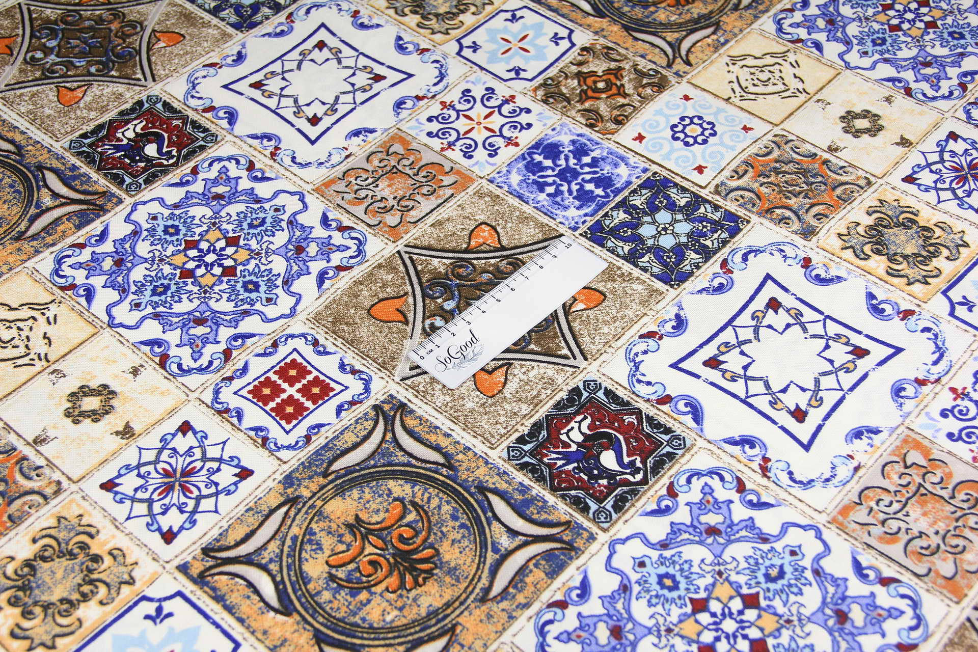 Ткань скатертная с тефлоновой пропиткой Плитка восточная Синий и коричневый