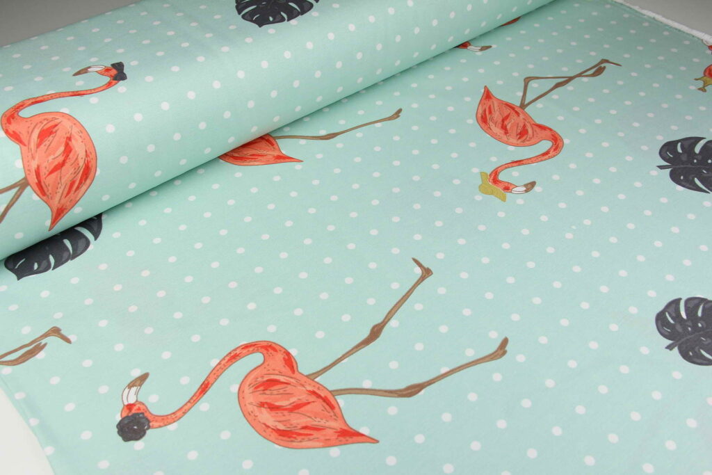 Ткань скатертная с тефлоновой пропиткой Фламинго на мятном в горошек