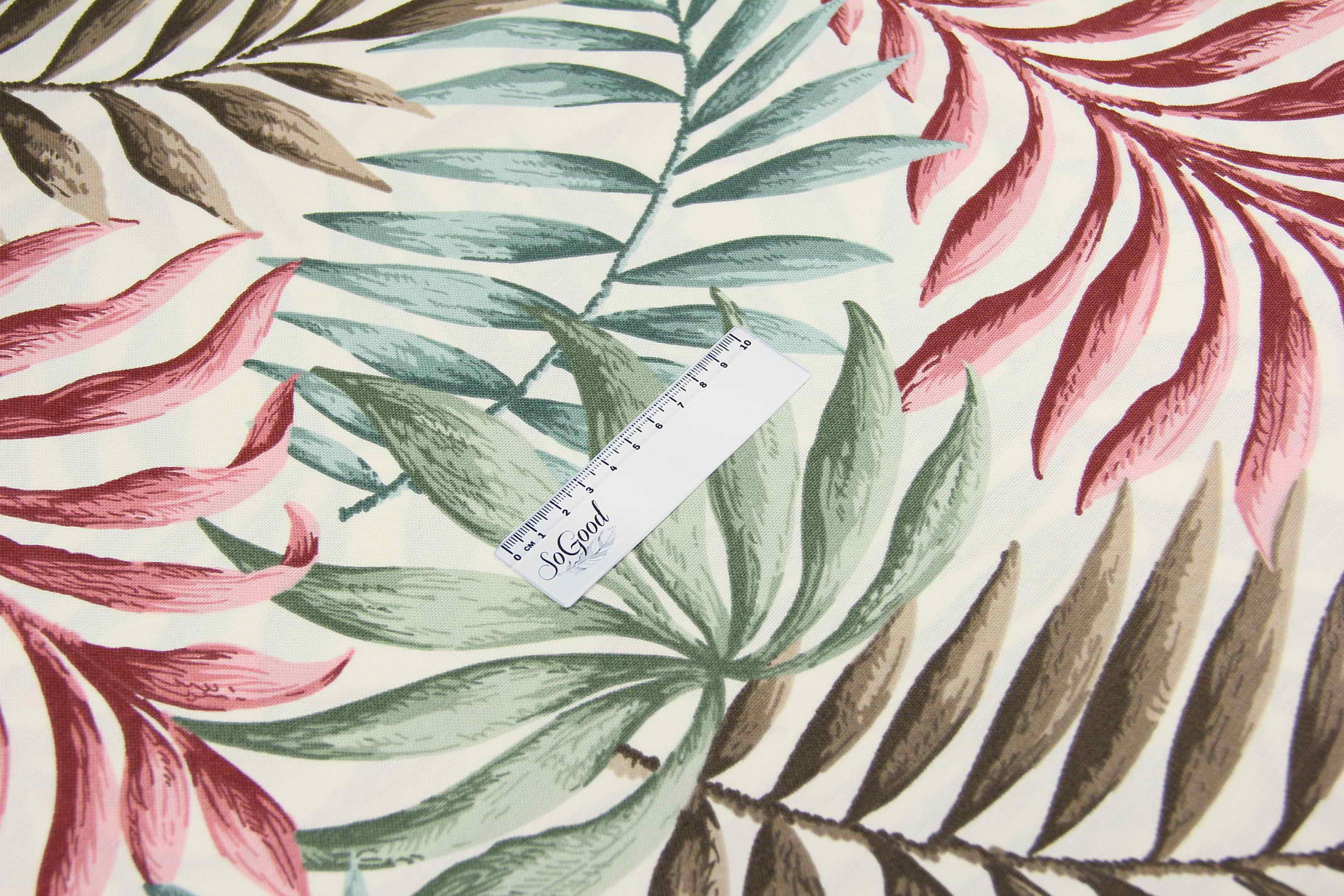 Ткань скатертная с тефлоновой пропиткой Листья пальмы Розово-зеленые