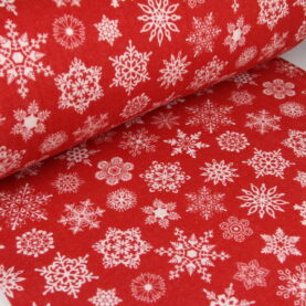 Ткань Фланель Снежинки белые на красном, Турция, ширина 240 см, плотность 160 г/м2