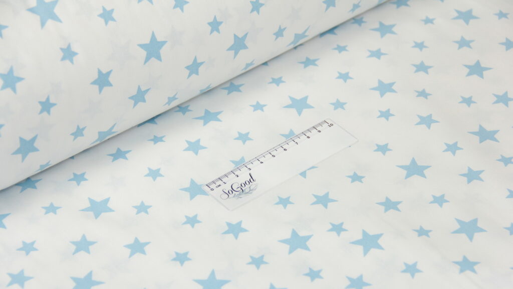 Ткань Ранфорс Звезды голубые на белом, Турция, ширина 240 см, плотность 135 г/м2