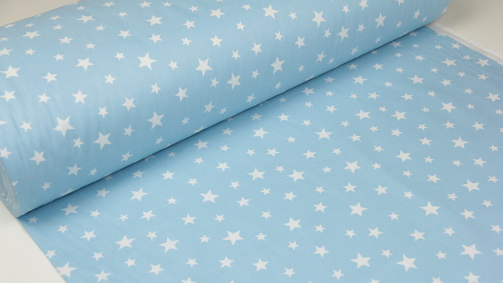 Ткань Ранфорс Звезды белые на голубом, Турция, ширина 240 см, плотность 135 г/м2