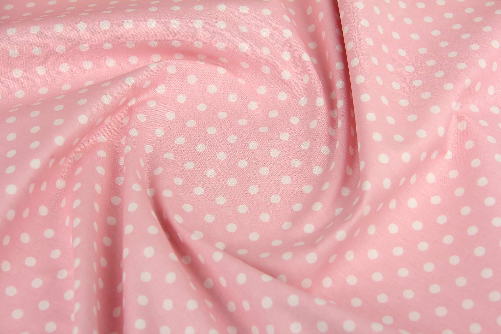 Ткань Ранфорс Горошек белый на розовом, Турция, ширина 240 см, плотность 135 г/м2