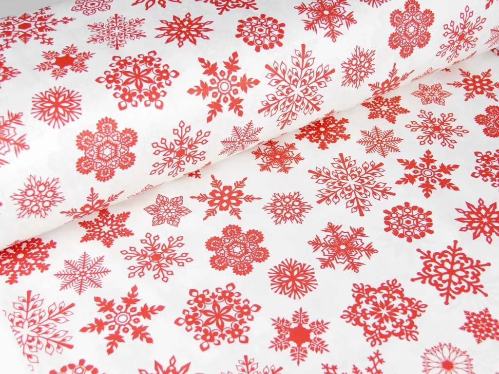 Тканина Ранфорс Сніжинки червоні на білому, Туреччина, ширина 240 см