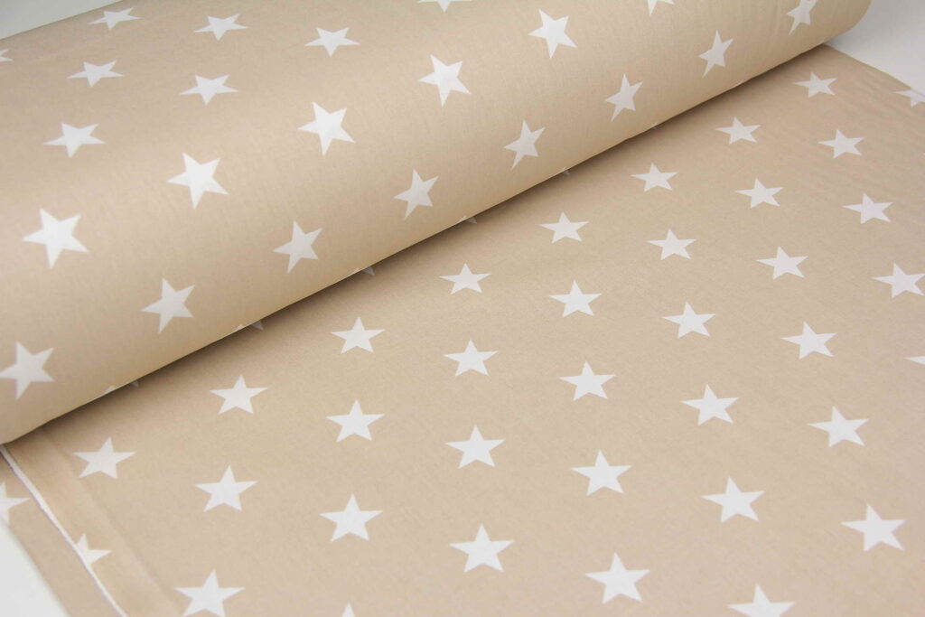 Ткань Ранфорс Звезды белые на бежевом W1, Турция, ширина 240 см, плотность 135 г/м2