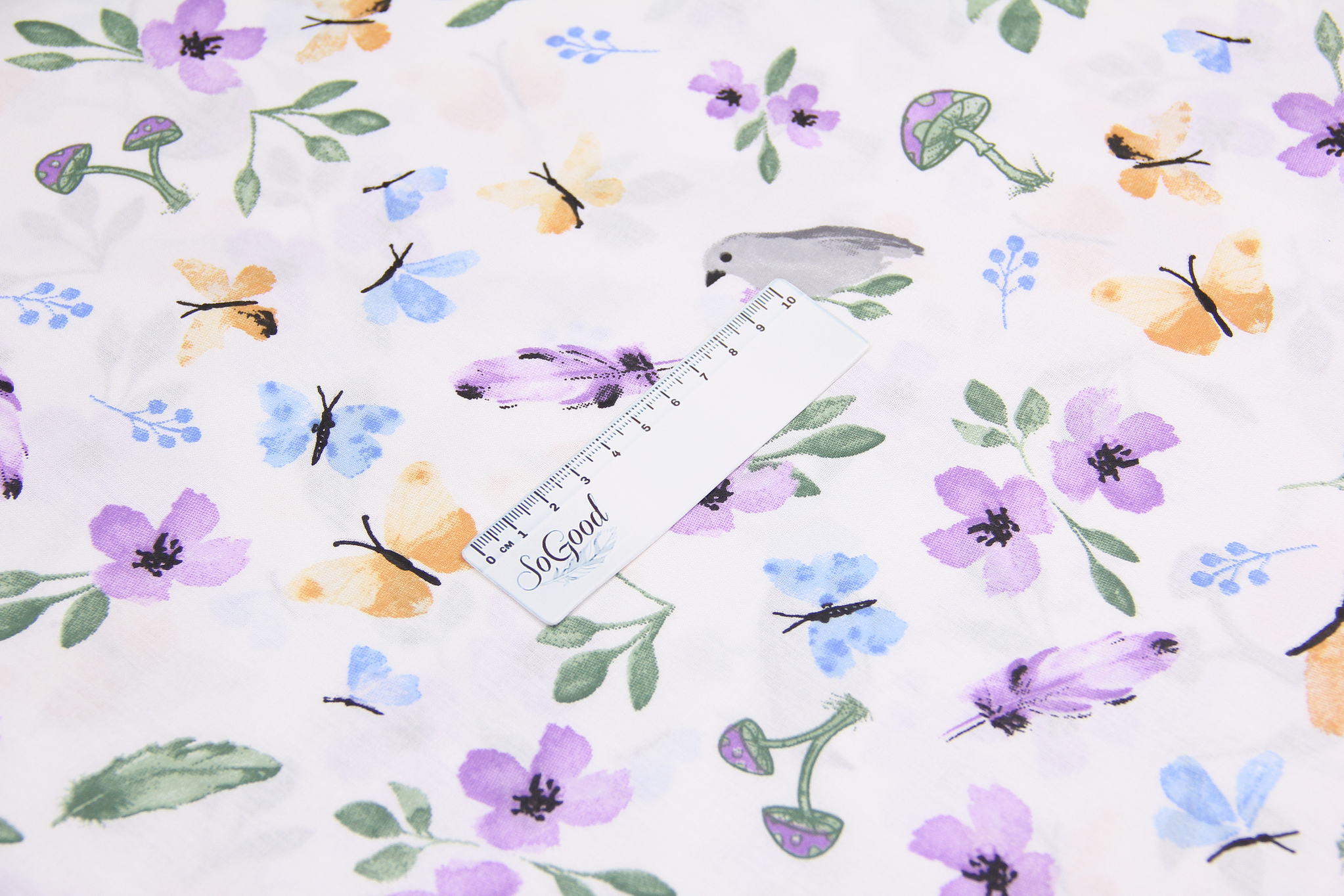 Ткань Ранфорс Маленькая птичка и бабочка Фиолетовый, Турция, ширина 240 см, 100% хлопок