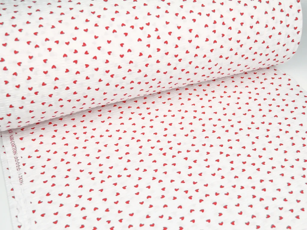 Тканина Ранфорс жатка (гофре) Маленькі серця Червоні на білому, Туреччина, ширина 240 см, 100% бавов